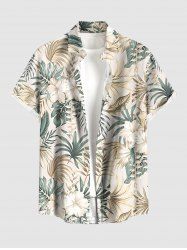 Chemise hawaïenne grande taille pour homme, à imprimé floral tropical et feuilles d'hibiscus, boutons et poche. - Beige XL