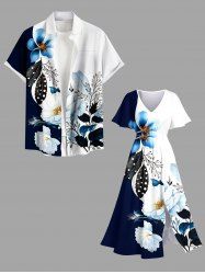 Ensemble de plage hawaïen assorti grande taille à imprimé fleurs et feuilles pour couples - Bleu profond 