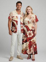 Ensemble de plage hawaïen assorti grande taille à imprimé Flower River pour couples - Rouge foncé 