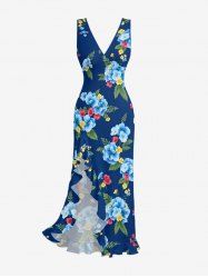 Robe hawaïenne à imprimé floral tropical et feuilles, à volants et fente - Cadetblue XS