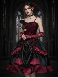 Gothic  Lace Up Cinched Ruffles Layered A Line Dress -  
