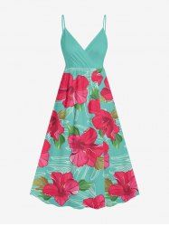 Plus Size Hibiscus Flowers Tropical Leaf Print Surplice Hawaii Cami Dress -  