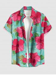 Plus Size Hibiscus Flowers Tropical Leaf Print Buttons Pocket Hawaii Shirt For Men -  