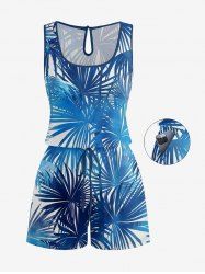 Tropical Leaf Print Cinched Hawaii Romper -  