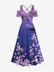 Plus Size Cold Shoulder Ombre Sky Galaxy Cloud Leaf Branch Print Hawaii Crisscross A Line Maxi Dress -  