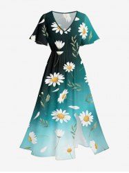 Daisy Flower Dip Dye Ombre Print Hawaii Split Pocket A Line Midi Dress -  