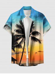 Plus Size Coconut Tree Ombre Dusk Sunset Print Hawaii Button Pocket Shirt For Men -  