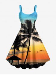 Robe trapèze hawaïenne à imprimé ombré cocotier et coucher de soleil grande taille - Bleu Ciel M