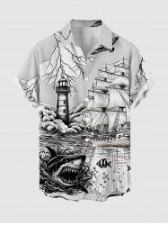 Shark Sailboat Sea Waves Lighthouse Print Hawaii Cruise Button Pocket Shirt For Men - Blanc 4XL