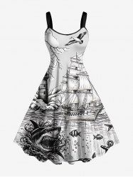 Shark Sailboat Sea Waves Lighthouse Print Hawaii Cruise A Line Dress - Blanc M