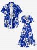 Ensemble de plage hawaïen assorti grande taille à imprimé feuilles et fleurs d'hibiscus pour couples - Bleu 
