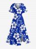 Ensemble de plage hawaïen assorti grande taille à imprimé feuilles et fleurs d'hibiscus pour couples - Bleu 