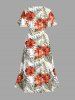 Hibiscus Flower Tropical Leaf Print Split Hawaii Midi Dress -  