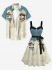 Cats Flowers Cactus Print Buttons Turn Down Collar Hawaii Dress With Belt -  