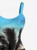 Robe trapèze hawaïenne à imprimé ombré cocotier et coucher de soleil grande taille - Bleu Ciel L