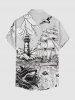 Shark Sailboat Sea Waves Lighthouse Print Hawaii Cruise Button Pocket Shirt For Men - Blanc 4XL