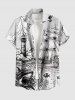 Shark Sailboat Sea Waves Lighthouse Print Hawaii Cruise Button Pocket Shirt For Men - Blanc 4XL