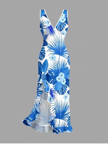 Flowers Tropical Leaf Print Hawaii Ruffles Split Surplice Dress - BLUE - XXXL
