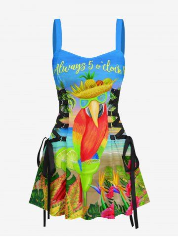 Parrot Coconut Tree Flowers Seascape Print Lace Up Hawaii Tank Dress - SKY BLUE - XL