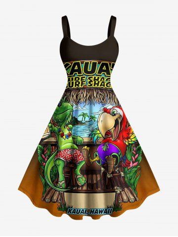 Robe trapèze grande taille imprimée perroquet lézard et paysage marin, style hawaïen - DEEP COFFEE - L