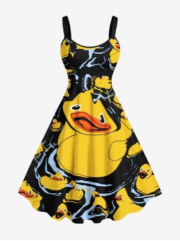 Robe trapèze hawaïenne à imprimé canard mignon grande taille - BLACK - XS