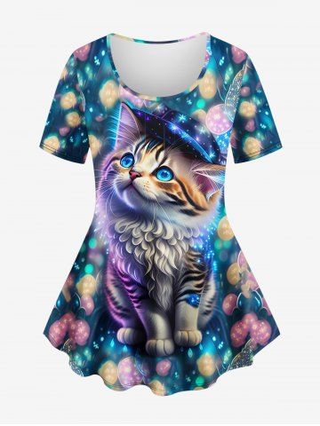 Plus Size Colorful Glitter Cat Balloon Water Wave Print Ombre Short Sleeves T-shirt - MULTI-A - XS
