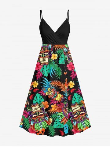 Plus Size Ethnic Mask Tropical Leaf Hibiscus Flower Print Hawaii Surplice A Line Dress - BROWN - 6X