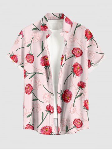Chemise hawaïenne grande taille pour homme, à imprimé rose et feuilles, boutons et poche. - PINK - S