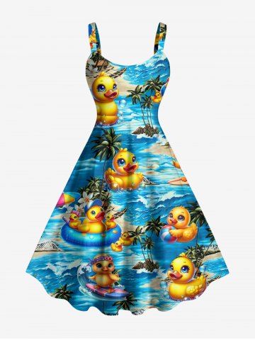 Robe débardeur hawaïenne grande taille à imprimé canards, cocotiers et fleurs - BLUE - XXS