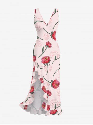 Robe hawaïenne à imprimé de roses et de feuilles, à volants et fente cache-cœur - PINK - L