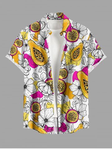 Plus Size Papaya Fruit Flowers Print Buttons Pocket Hawaii Shirt For Men - YELLOW - M