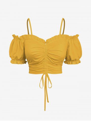 Plus Size Cinched Ruched Ruffles Cold Shoulder Cami Top - YELLOW - 6X