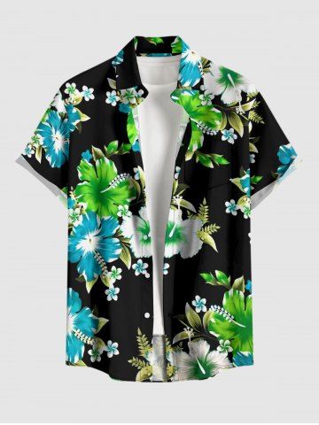 Chemise hawaïenne à imprimé de fleurs d'hibiscus et de feuilles, grande taille, avec poche boutonnée, pour homme - BLACK - M
