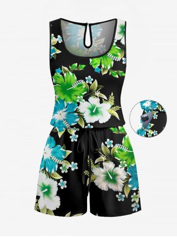 Combinaison hawaïenne à imprimé de fleurs d'hibiscus et de feuilles, grande taille, avec cordon de serrage et poches. - BLACK - M
