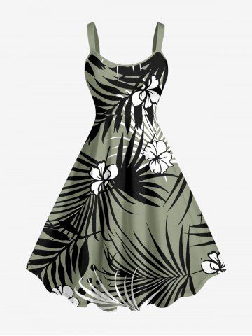 Robe trapèze hawaïenne à imprimé floral tropical et feuilles d'hibiscus grande taille - LIGHT GREEN - 6X