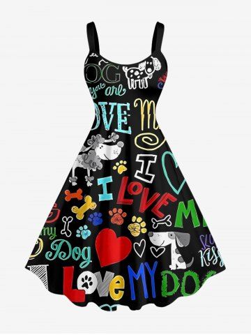 Plus Size Colorful Letters Dog Heart Paw Print Hawaii A Line Dress - BLACK - XS
