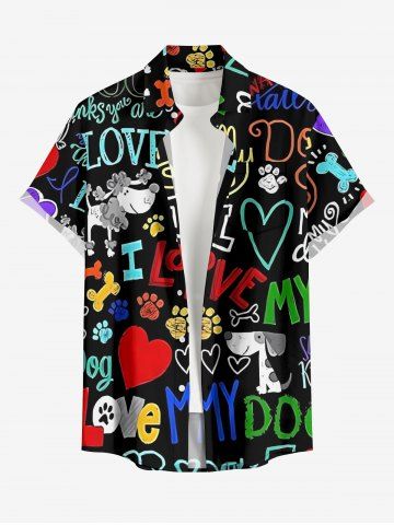 Plus Size Colorful Letters Dog Heart Paw Print Hawaii Button Pocket Shirt For Men - BLACK - 2XL