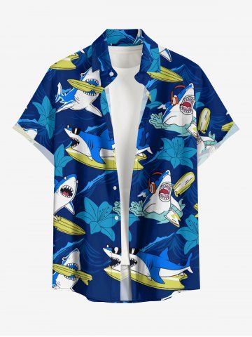 Plus Size Shark Sea Waves Hibiscus Flower Print Hawaii Button Pocket Shirt For Men