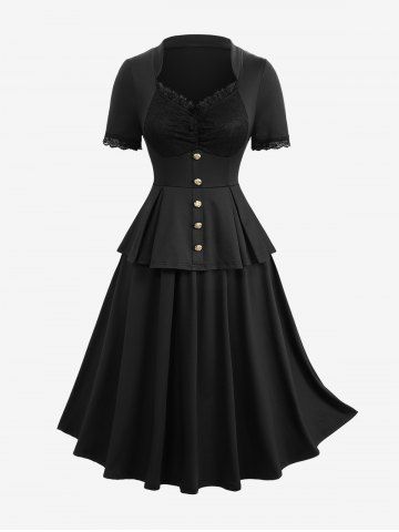 Plus Size Flower Lace Panel Buttons Vintage 2 in 1 A Line Dress - BLACK - L | US 12