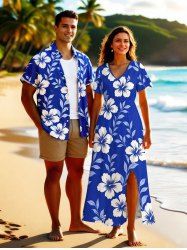 Ensemble de plage hawaïen assorti grande taille à imprimé feuilles et fleurs d'hibiscus pour couples - Bleu 