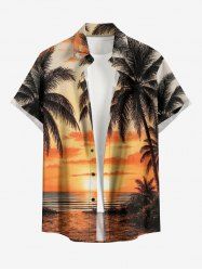 Chemise hawaïenne grande taille pour homme, imprimée cocotiers, soleil et paysage marin, avec poches et boutons. - Brun Doré M