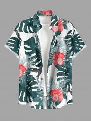 Chemise hawaïenne grande taille pour homme, à imprimé floral tropical et feuilles d'hibiscus, boutons et poche. - Blanc L