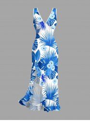 Flowers Tropical Leaf Print Hawaii Ruffles Split Surplice Dress -  
