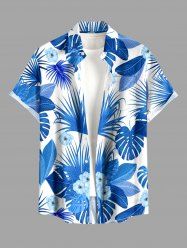 Chemise hawaïenne grande taille pour homme, à imprimé floral tropical et feuilles, boutons et poche. - Bleu L