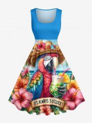 Robe vintage hawaïenne grande taille à imprimé fruits et hibiscus, style années 1950 - Bleu Ciel 2X