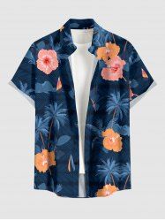 Chemise hawaïenne grande taille pour homme, à imprimé floral hibiscus et cocotiers, avec poches et boutons. - Bleu profond L