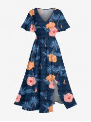 Robe mi-longue fendue hawaïenne à imprimé de cocotiers et d'hibiscus grande taille - Bleu profond 2X
