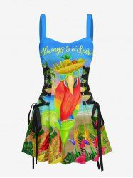 Robe débardeur hawaïenne à lacets avec imprimé perroquet, cocotier, fleurs et paysage marin - Bleu Ciel L