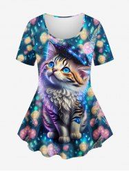 T-shirt à manches courtes grande taille avec imprimé chat à paillettes colorées, ballon et vagues, dégradé ombré - Multi-A 6X