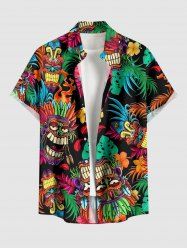 Ethnic Mask Tropical Leaf Hibiscus Flower Print Hawaii Button Pocket Shirt For Men - Brun 5XL